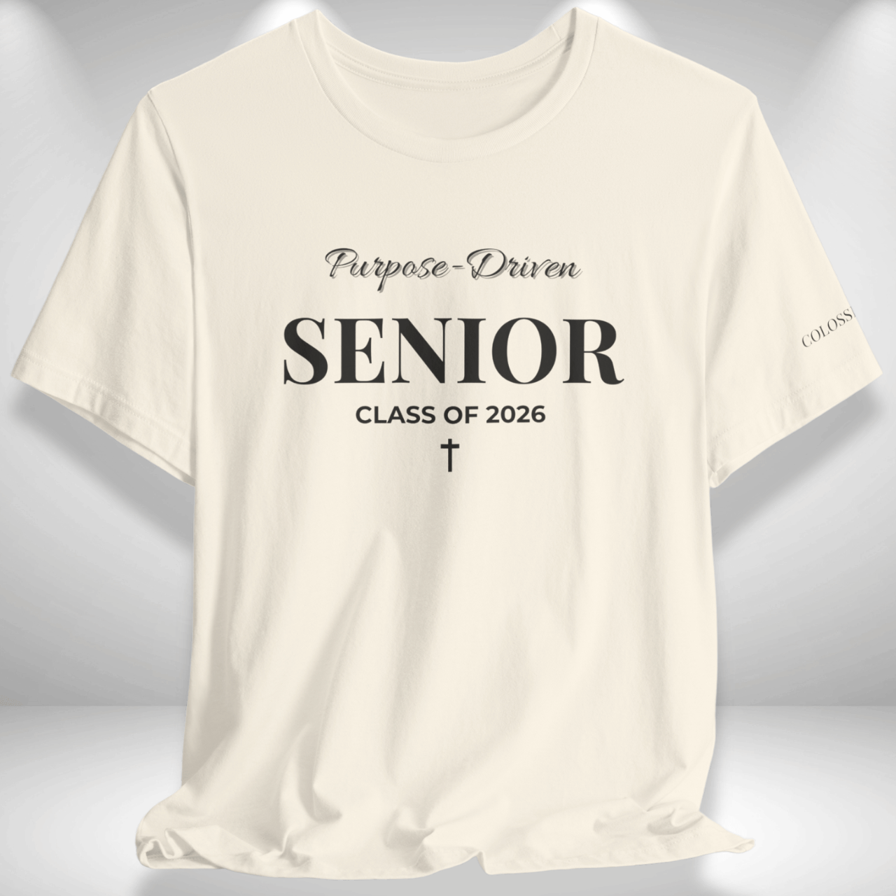 Purpose-Driven Senior Class of 2026 (Colossians 3:23 Bible Verse on Sleeve) Christian Tee — Black Print  — Bella+Canvas 3001