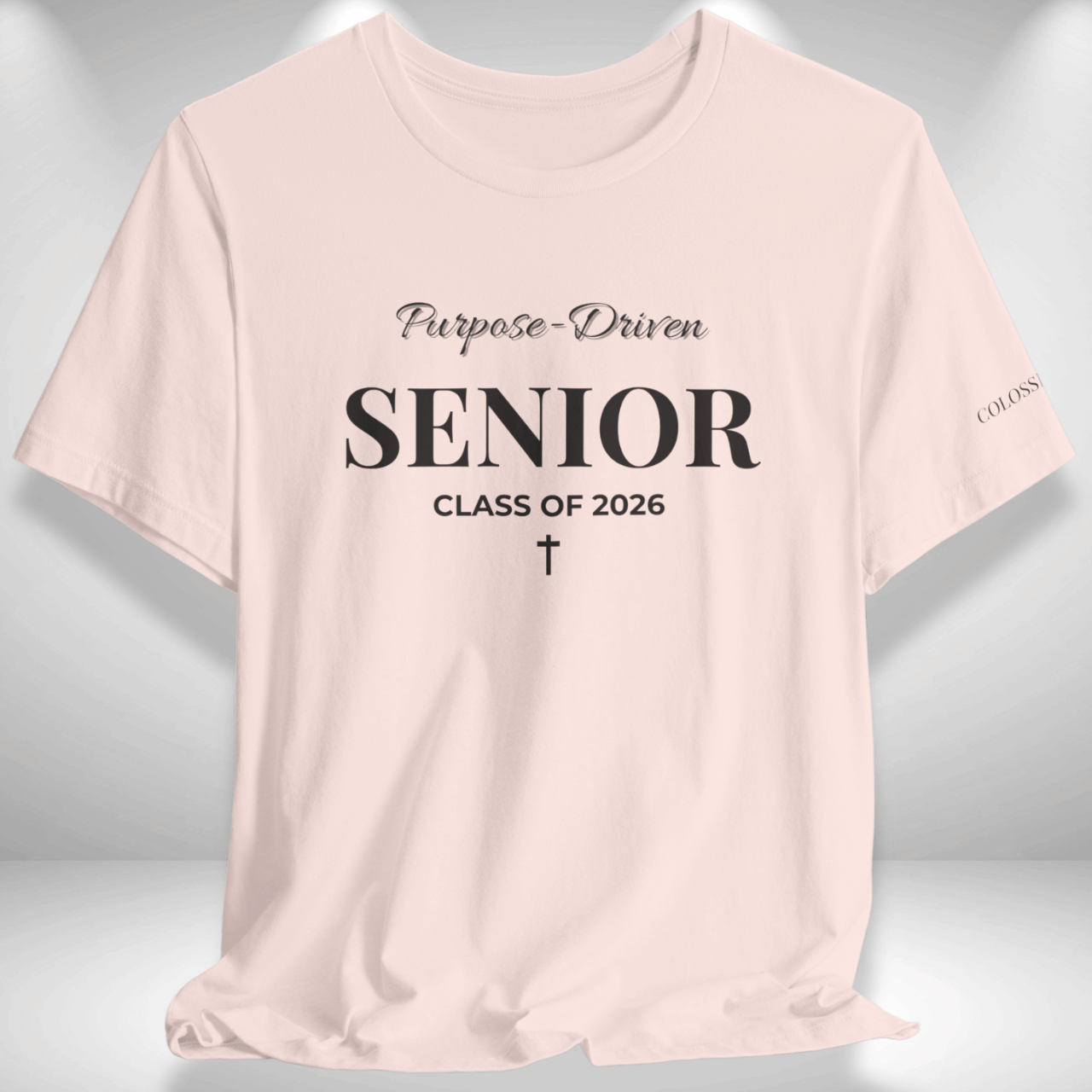 Purpose-Driven Senior Class of 2026 (Colossians 3:23 Bible Verse on Sleeve) Christian Tee — Black Print  — Bella+Canvas 3001