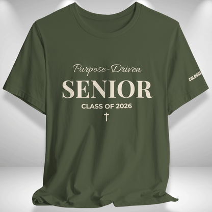 Purpose-Driven Senior Class of 2026 (Colossians 3:23 Bible Verse on Sleeve) Christian Tee —White Print — Bella+Canvas 3001
