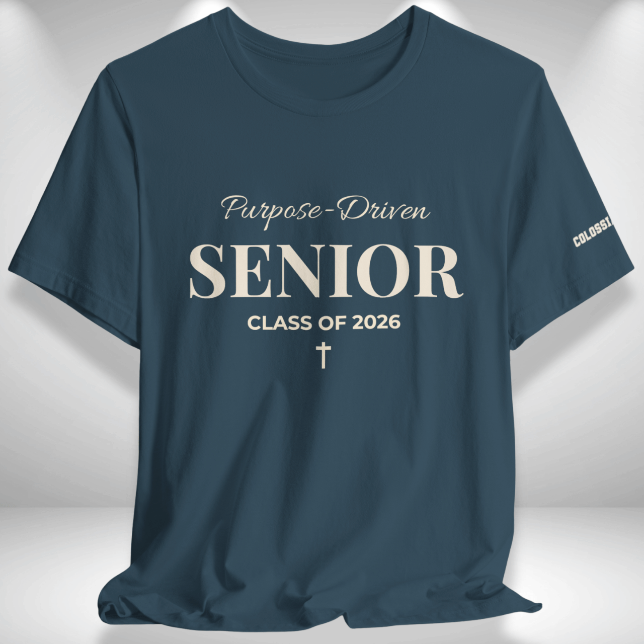 Purpose-Driven Senior Class of 2026 (Colossians 3:23 Bible Verse on Sleeve) Christian Tee —White Print — Bella+Canvas 3001