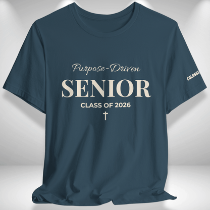 Purpose-Driven Senior Class of 2026 (Colossians 3:23 Bible Verse on Sleeve) Christian Tee —White Print — Bella+Canvas 3001