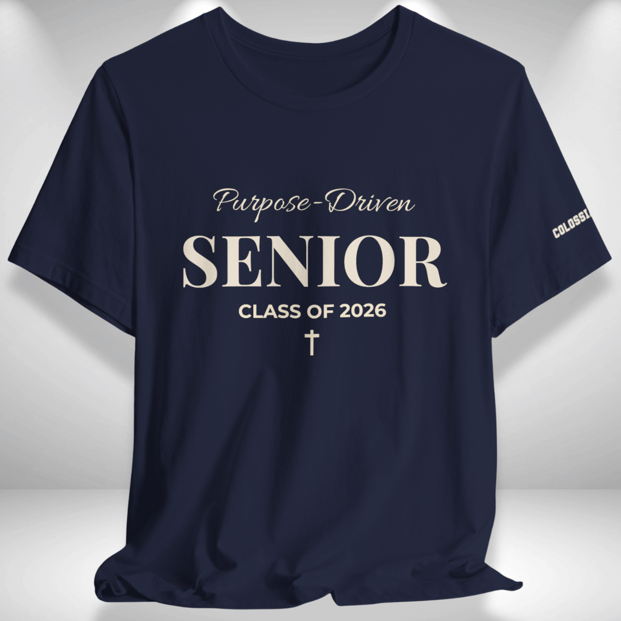 Purpose-Driven Senior Class of 2026 (Colossians 3:23 Bible Verse on Sleeve) Christian Tee —White Print — Bella+Canvas 3001