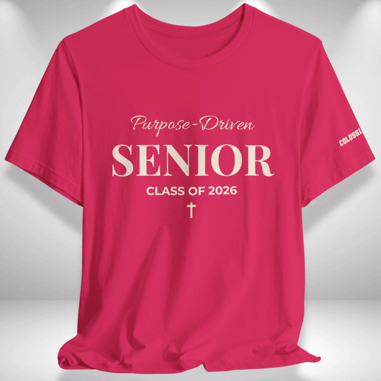 Purpose-Driven Senior Class of 2026 (Colossians 3:23 Bible Verse on Sleeve) Christian Tee —White Print — Bella+Canvas 3001