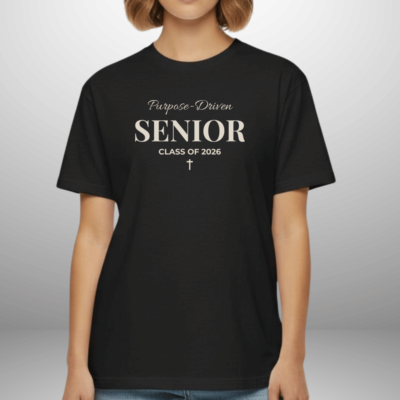 Purpose-Driven Senior Class of 2026 (Colossians 3:23 Bible Verse on Sleeve) Christian Tee —White Print — Bella+Canvas 3001