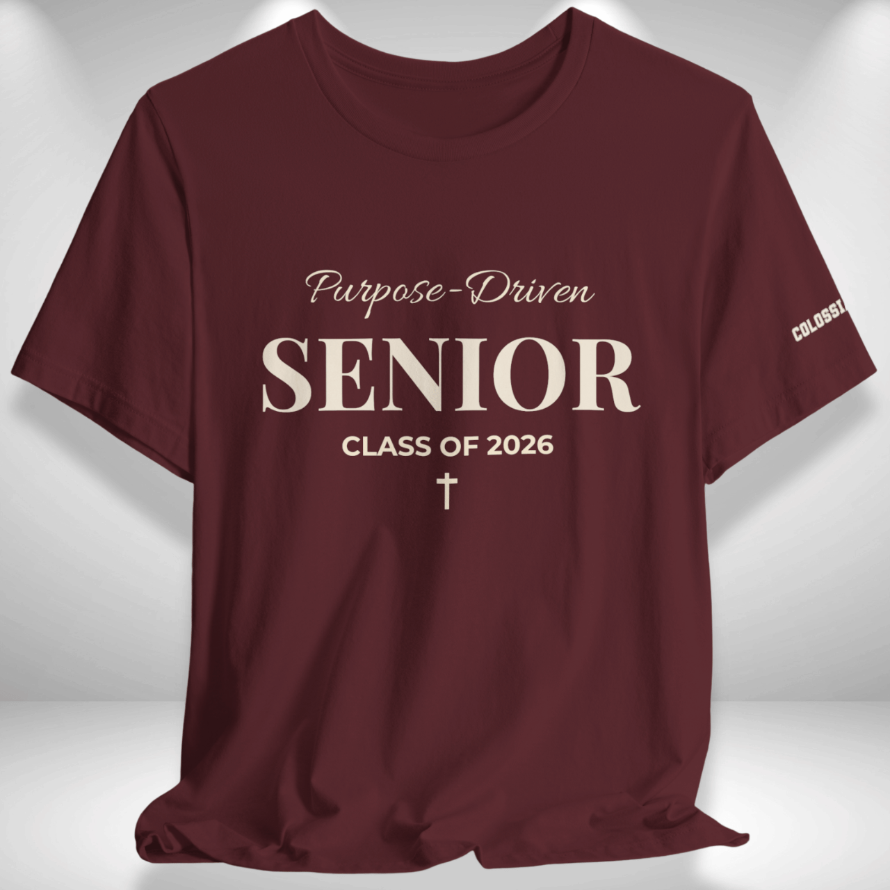 Purpose-Driven Senior Class of 2026 (Colossians 3:23 Bible Verse on Sleeve) Christian Tee —White Print — Bella+Canvas 3001