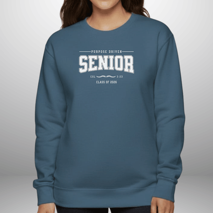 Purpose-Driven Senior Class of 2026 W/Bible Verse (Colossians 3:23) Men Women Crewneck Sweatshirt – Christian Varsity Style Senior Sweatshirt