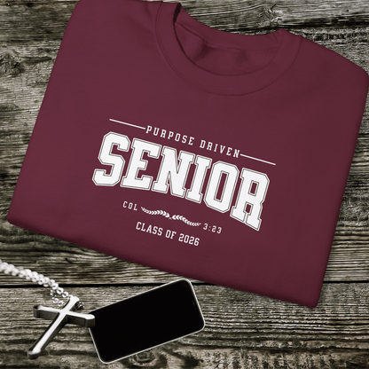 Purpose-Driven Senior Class of 2026 W/Bible Verse (Colossians 3:23) Men Women Crewneck Sweatshirt – Christian Varsity Style Senior Sweatshirt