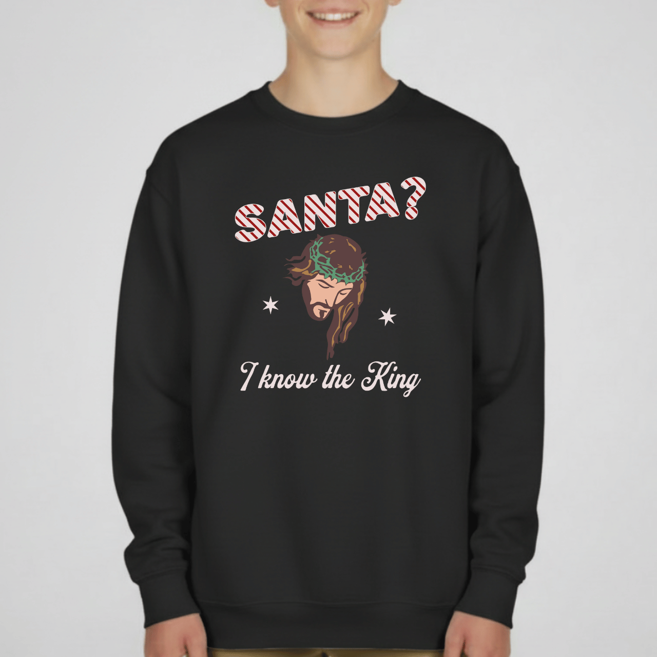 Santa? I Know the King Youth Christmas Sweatshirt | Christian Holiday Crewneck | Gildan 18000B