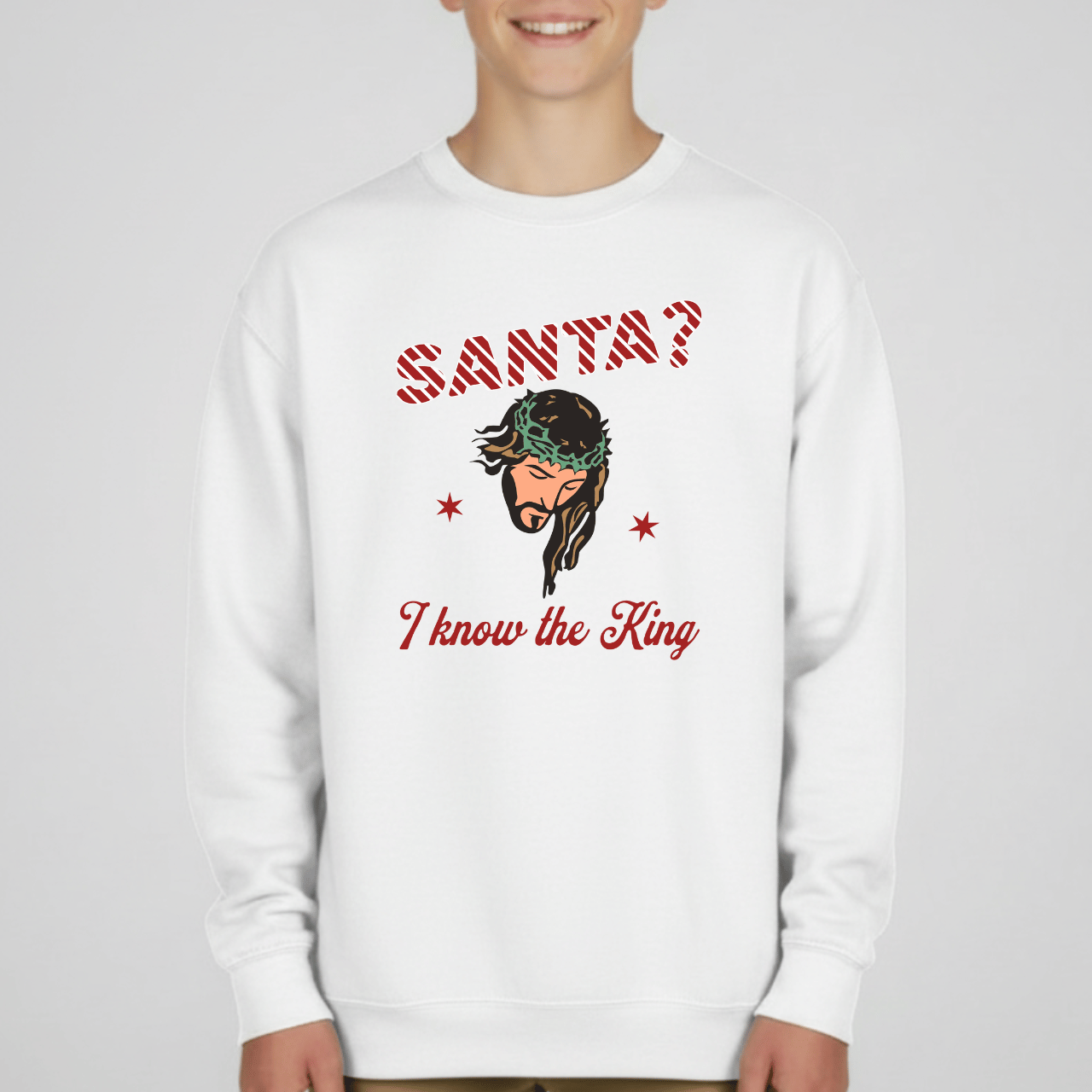 Santa? I Know the King Youth Christmas Sweatshirt | Christian Holiday Crewneck | Gildan 18000B