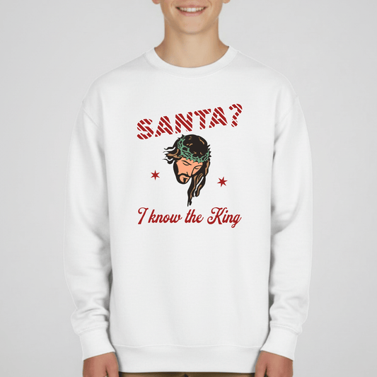 Santa? I Know the King Youth Christmas Sweatshirt | Christian Holiday Crewneck | Gildan 18000B
