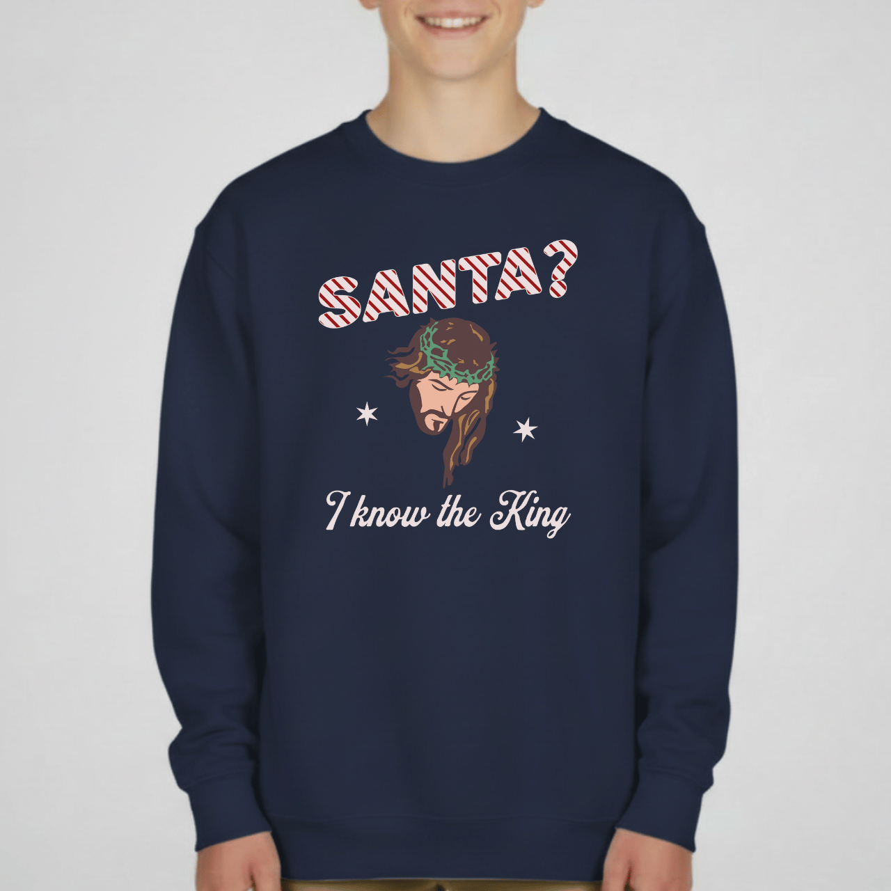 Santa? I Know the King Youth Christmas Sweatshirt | Christian Holiday Crewneck | Gildan 18000B