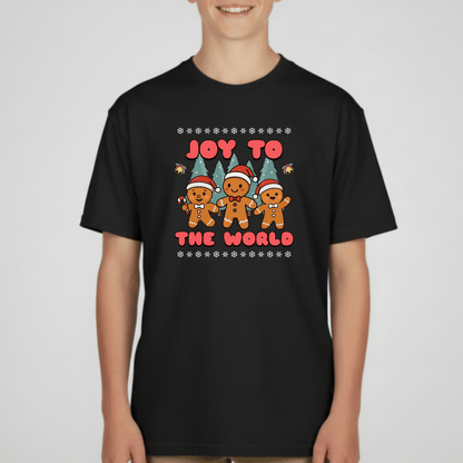 Joy to the World Gingerbread Youth Christmas T-Shirt | Holiday Tee for Kids | Gildan 5000B