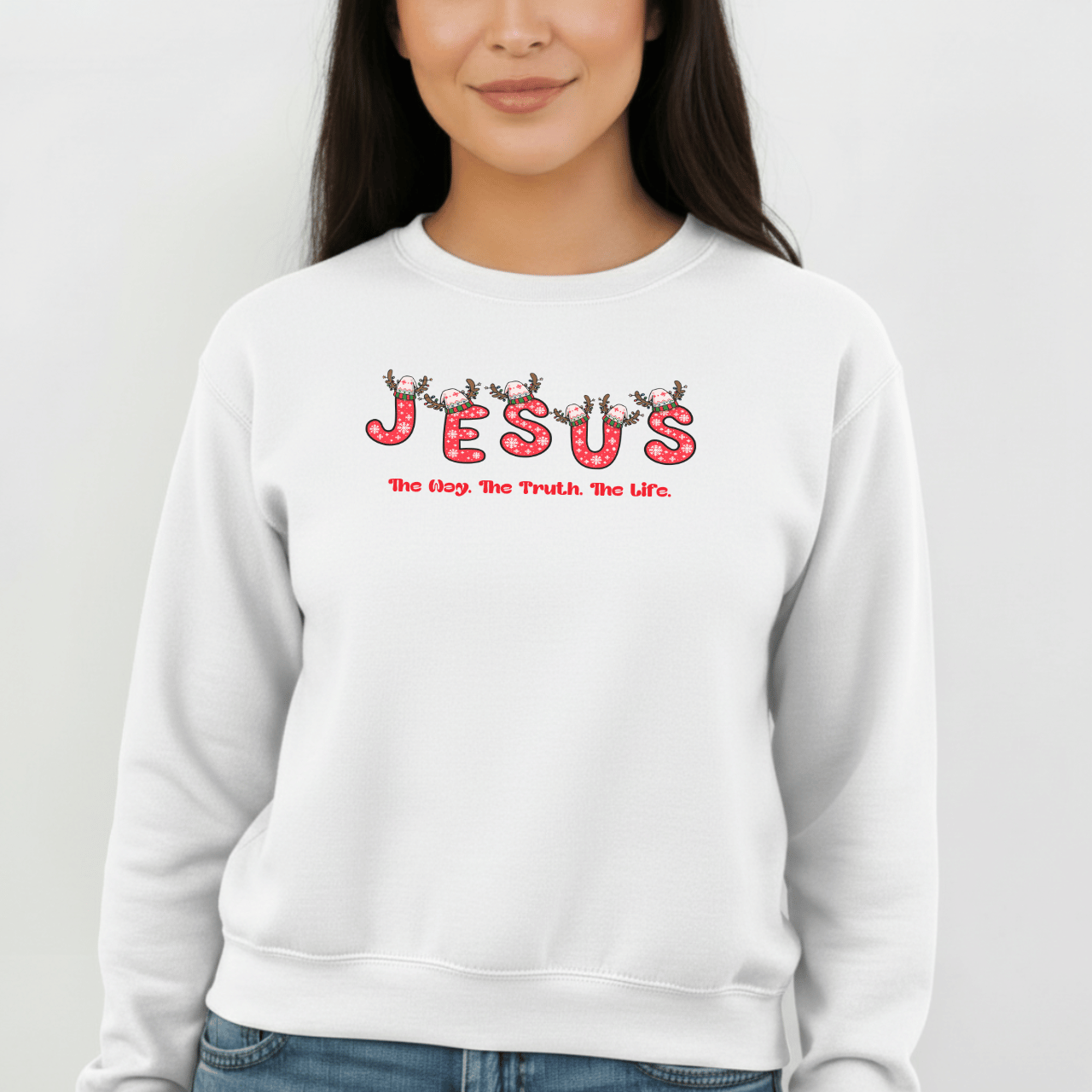 Jesus Christmas Crewneck Sweatshirt – The Way, The Truth, The Life | Christian Holiday Sweater | Gildan 18000