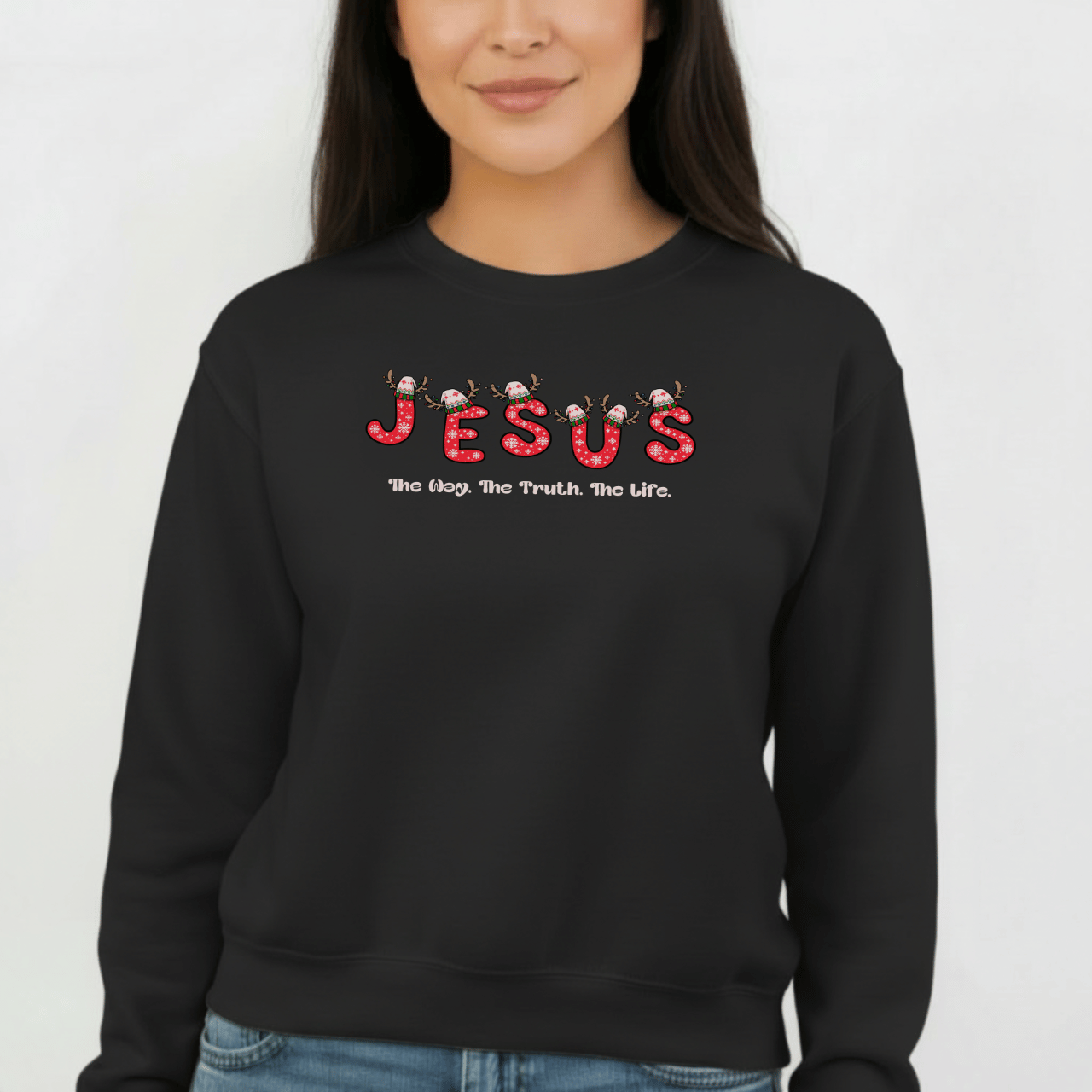 Jesus Christmas Crewneck Sweatshirt – The Way, The Truth, The Life | Christian Holiday Sweater | Gildan 18000