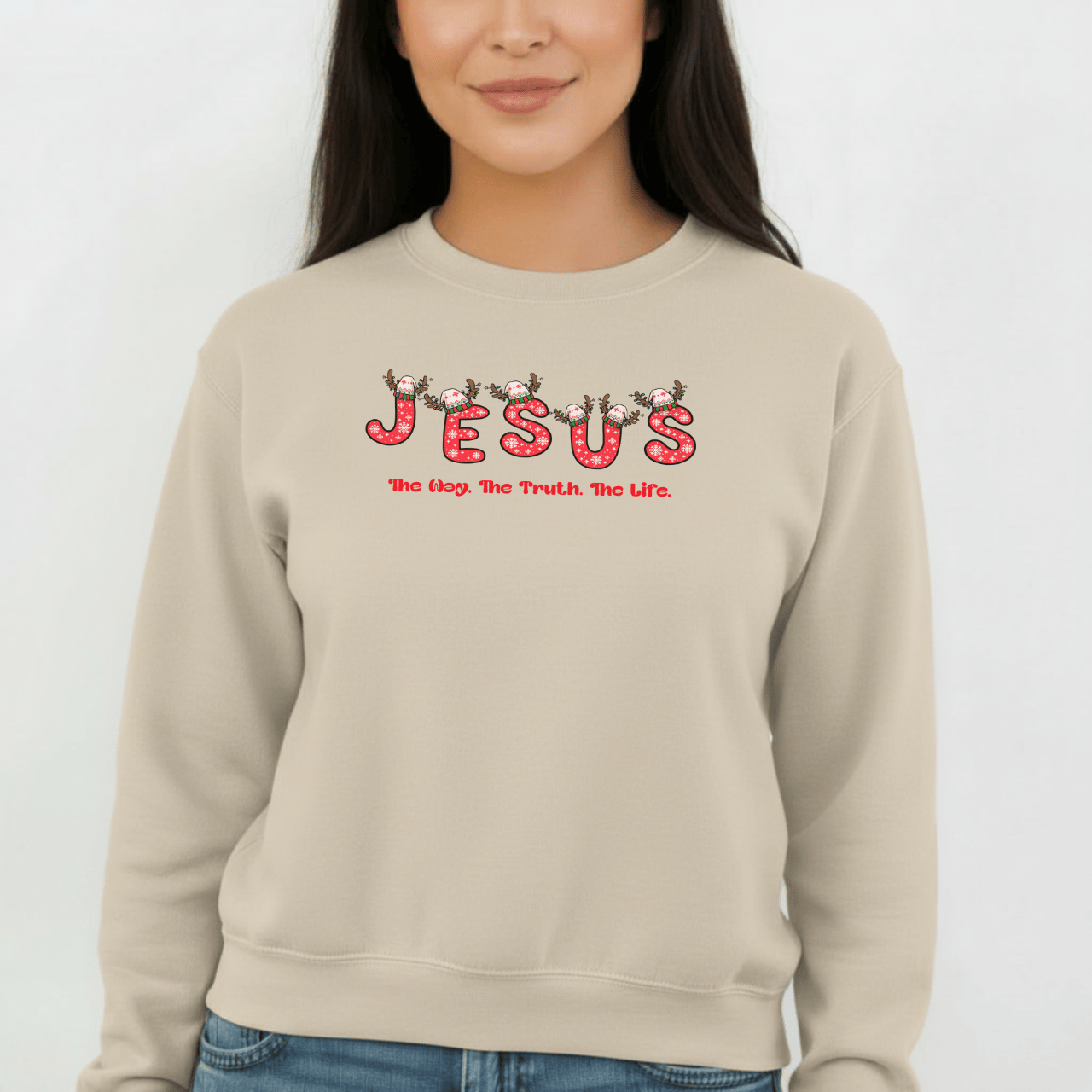 Jesus Christmas Crewneck Sweatshirt – The Way, The Truth, The Life | Christian Holiday Sweater | Gildan 18000