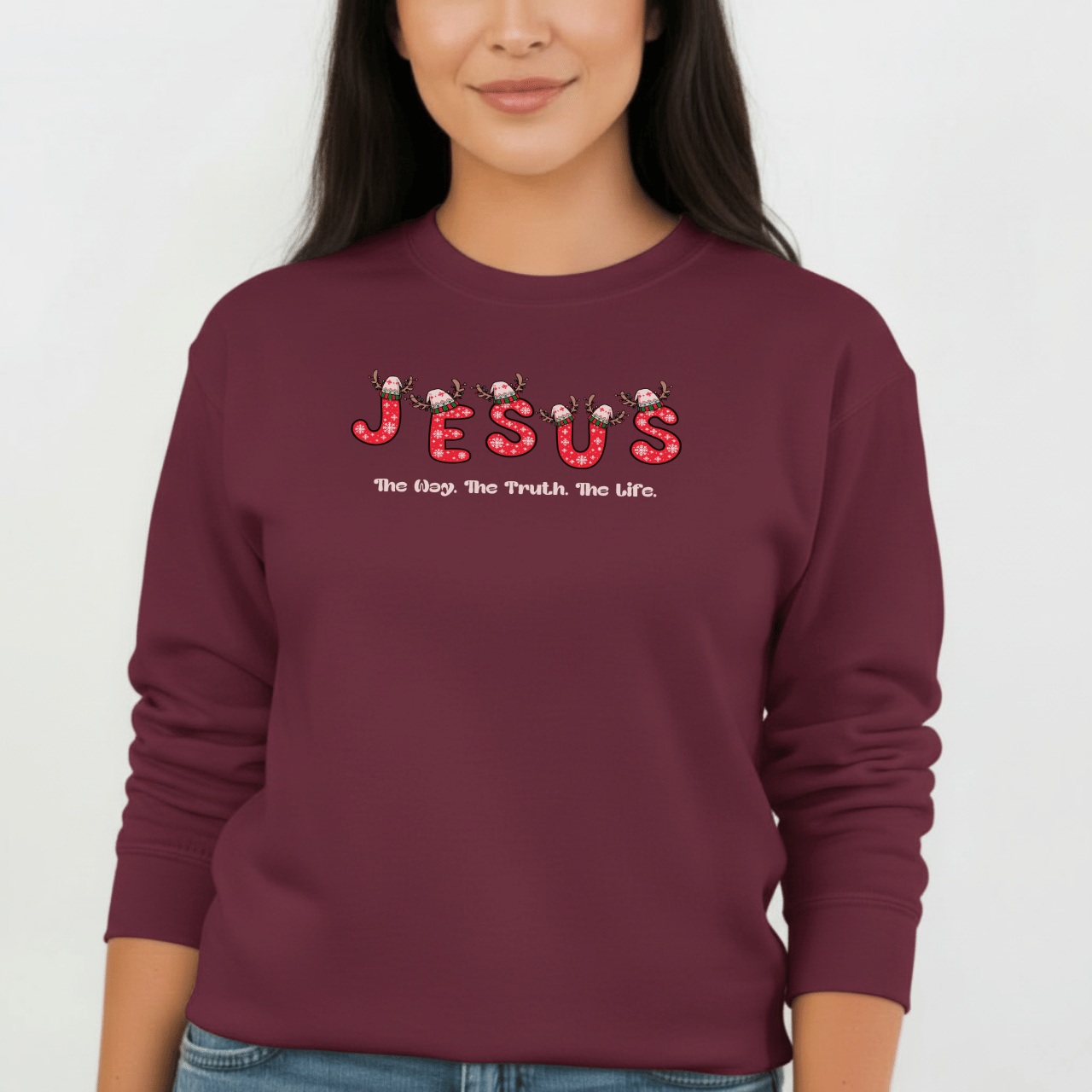 Jesus Christmas Crewneck Sweatshirt – The Way, The Truth, The Life | Christian Holiday Sweater | Gildan 18000