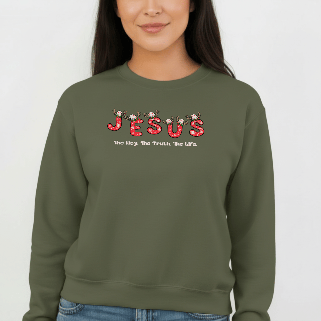 Jesus Christmas Crewneck Sweatshirt – The Way, The Truth, The Life | Christian Holiday Sweater | Gildan 18000