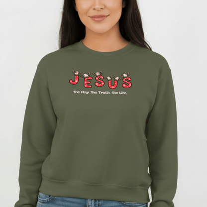 Jesus Christmas Crewneck Sweatshirt – The Way, The Truth, The Life | Christian Holiday Sweater | Gildan 18000