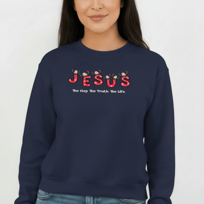 Jesus Christmas Crewneck Sweatshirt – The Way, The Truth, The Life | Christian Holiday Sweater | Gildan 18000
