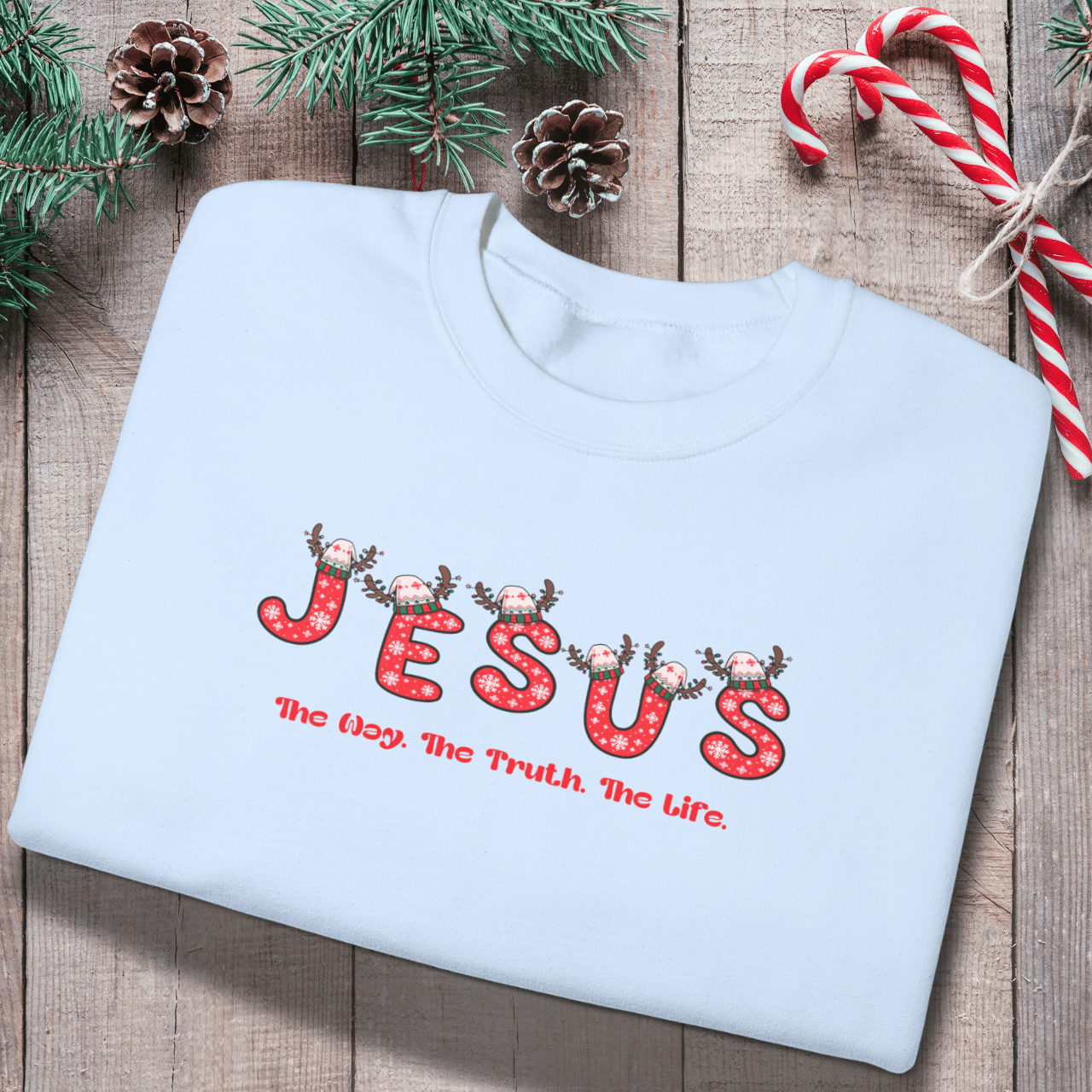 Jesus Christmas Crewneck Sweatshirt – The Way, The Truth, The Life | Christian Holiday Sweater | Gildan 18000