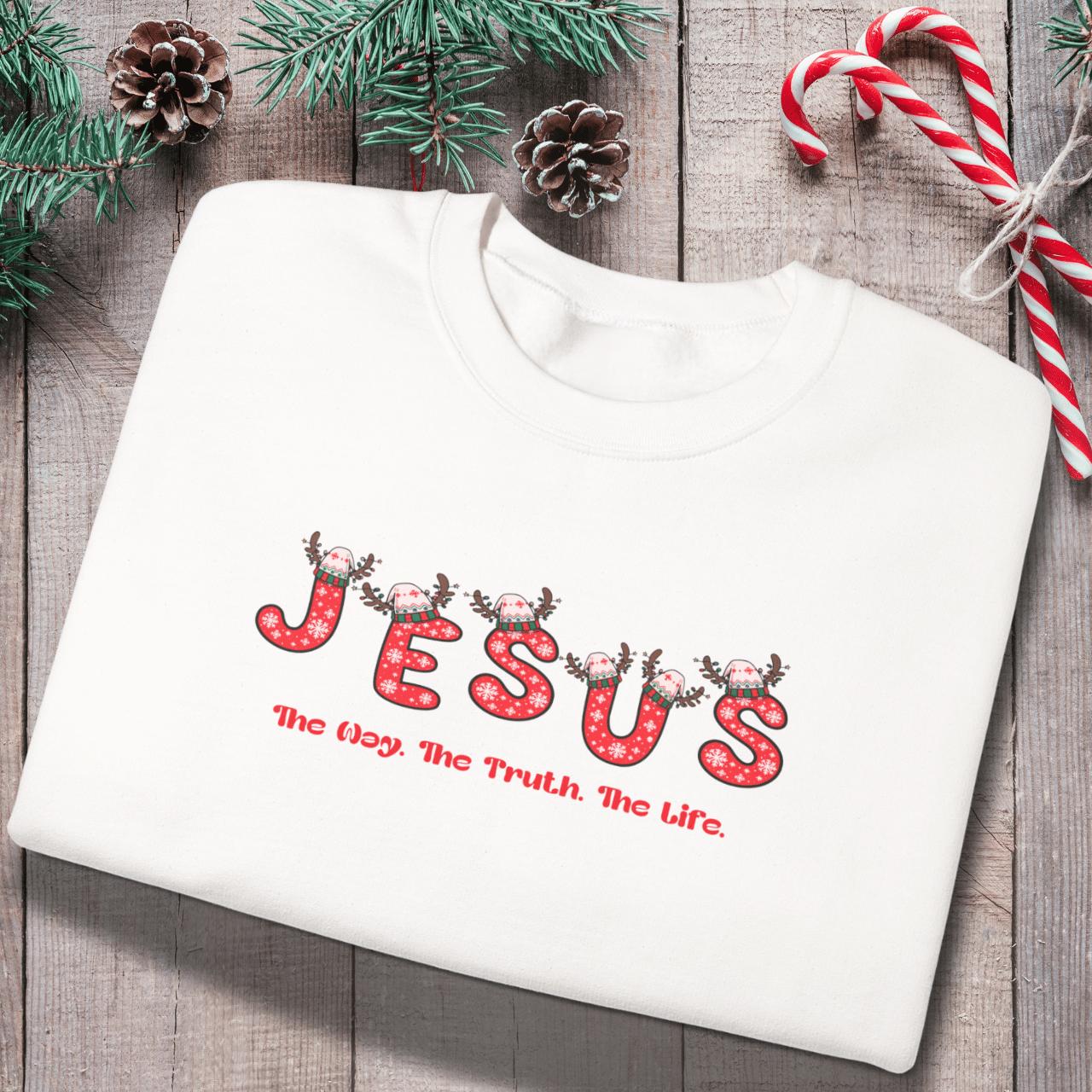 Jesus Christmas Crewneck Sweatshirt – The Way, The Truth, The Life | Christian Holiday Sweater | Gildan 18000