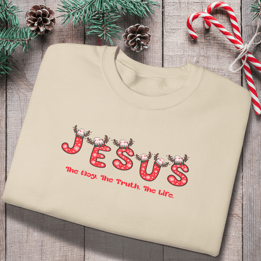 Jesus Christmas Crewneck Sweatshirt – The Way, The Truth, The Life | Christian Holiday Sweater | Gildan 18000