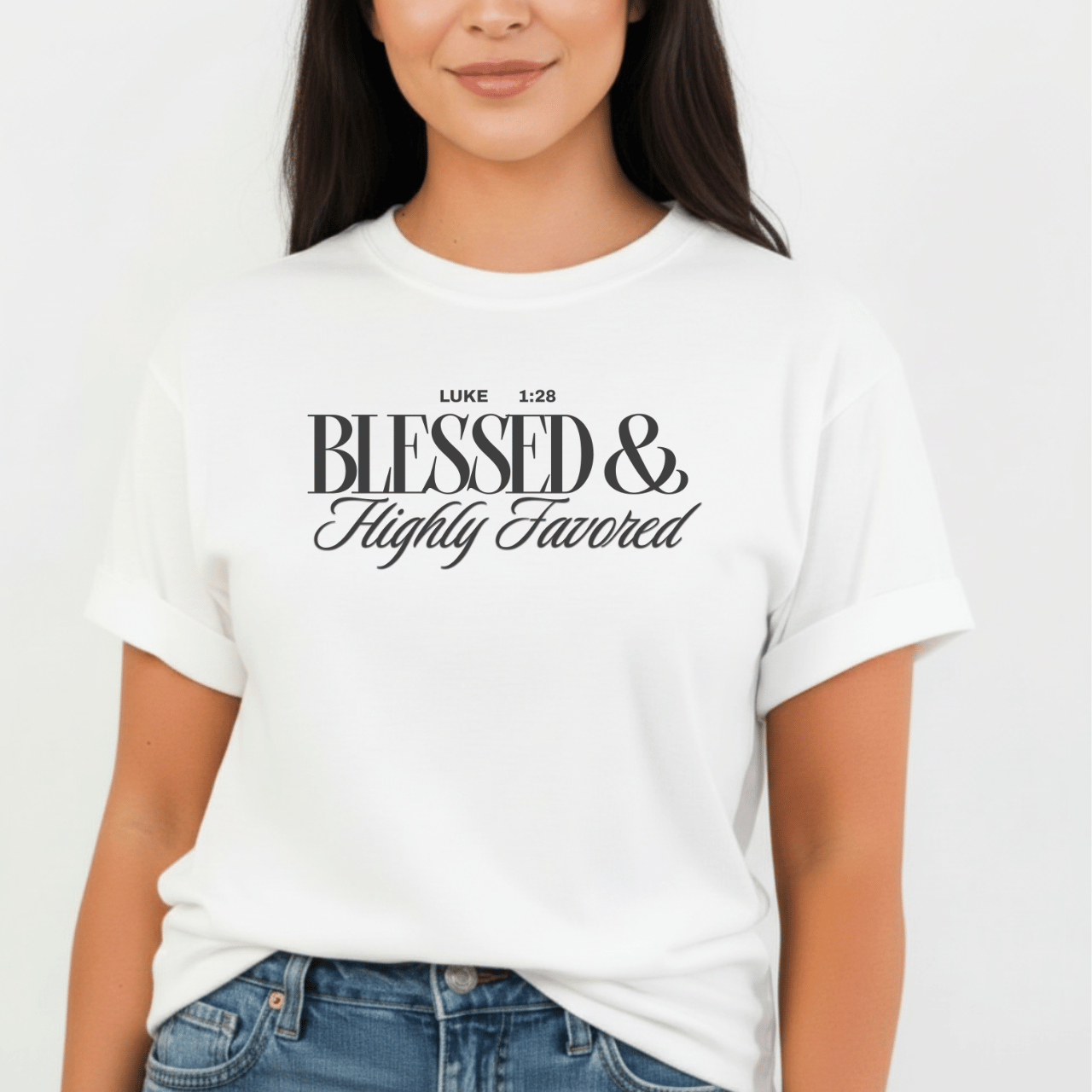 Women’s Blessed & Highly Favored Luke 1:28 Tee