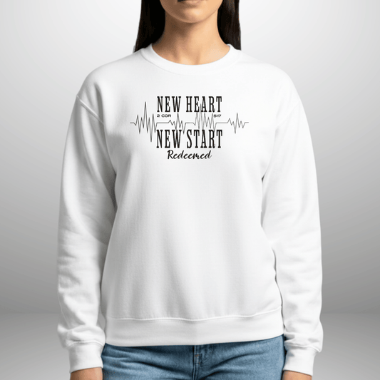 New Heart New Start Redeemed Sweatshirt | 2 Corinthians 5:17 Faith Crewneck | Adult Unisex Gildan 18000 Sweatshirt