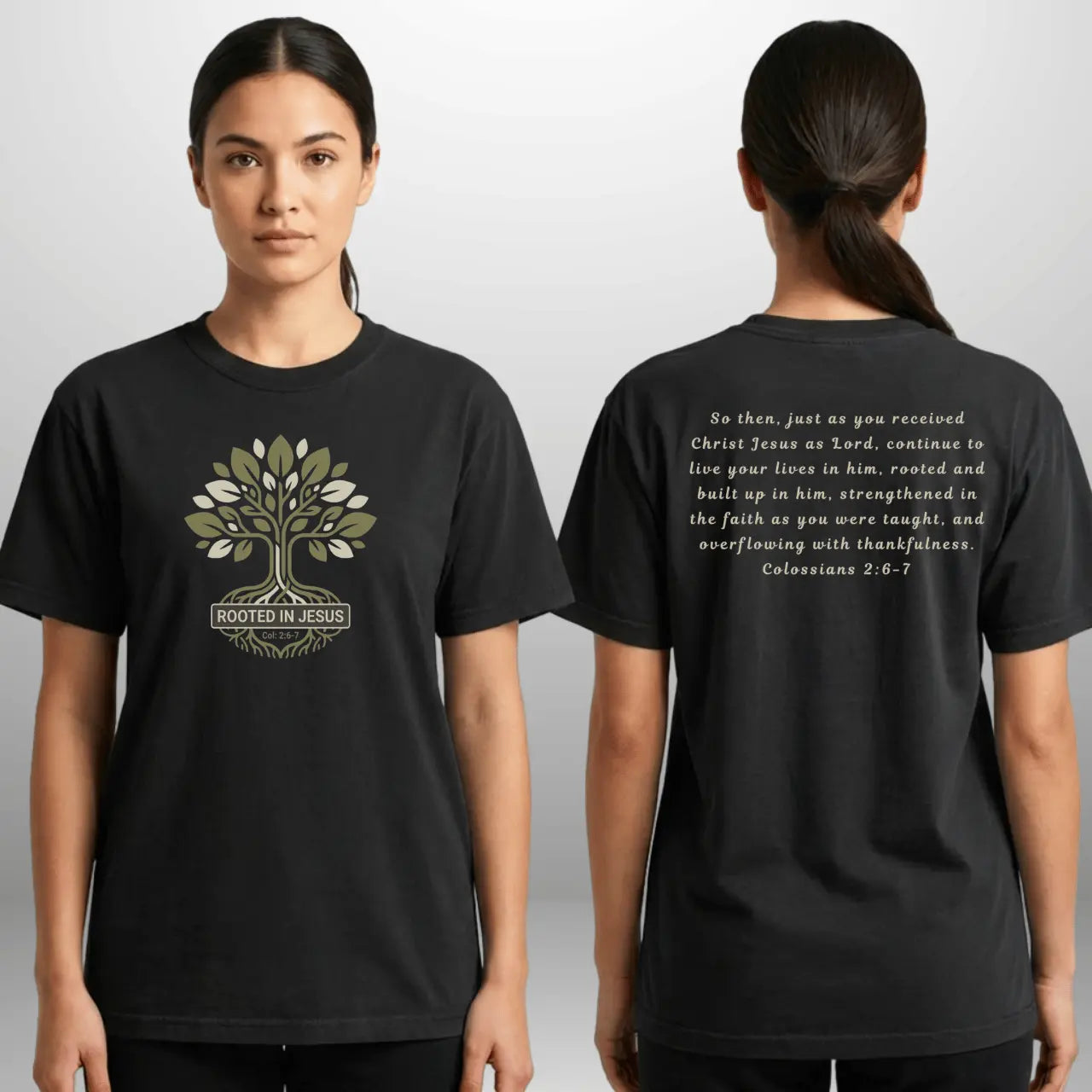 Rooted in Jesus T-Shirt | Comfort Colors 1717 | Unisex Faith Tee Front & Back Goshen & Selah Co
