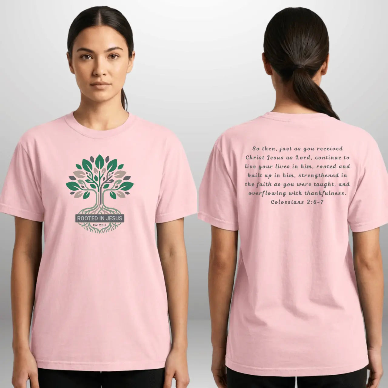 Rooted in Jesus T-Shirt | Comfort Colors 1717 | Unisex Faith Tee Front & Back Goshen & Selah Co