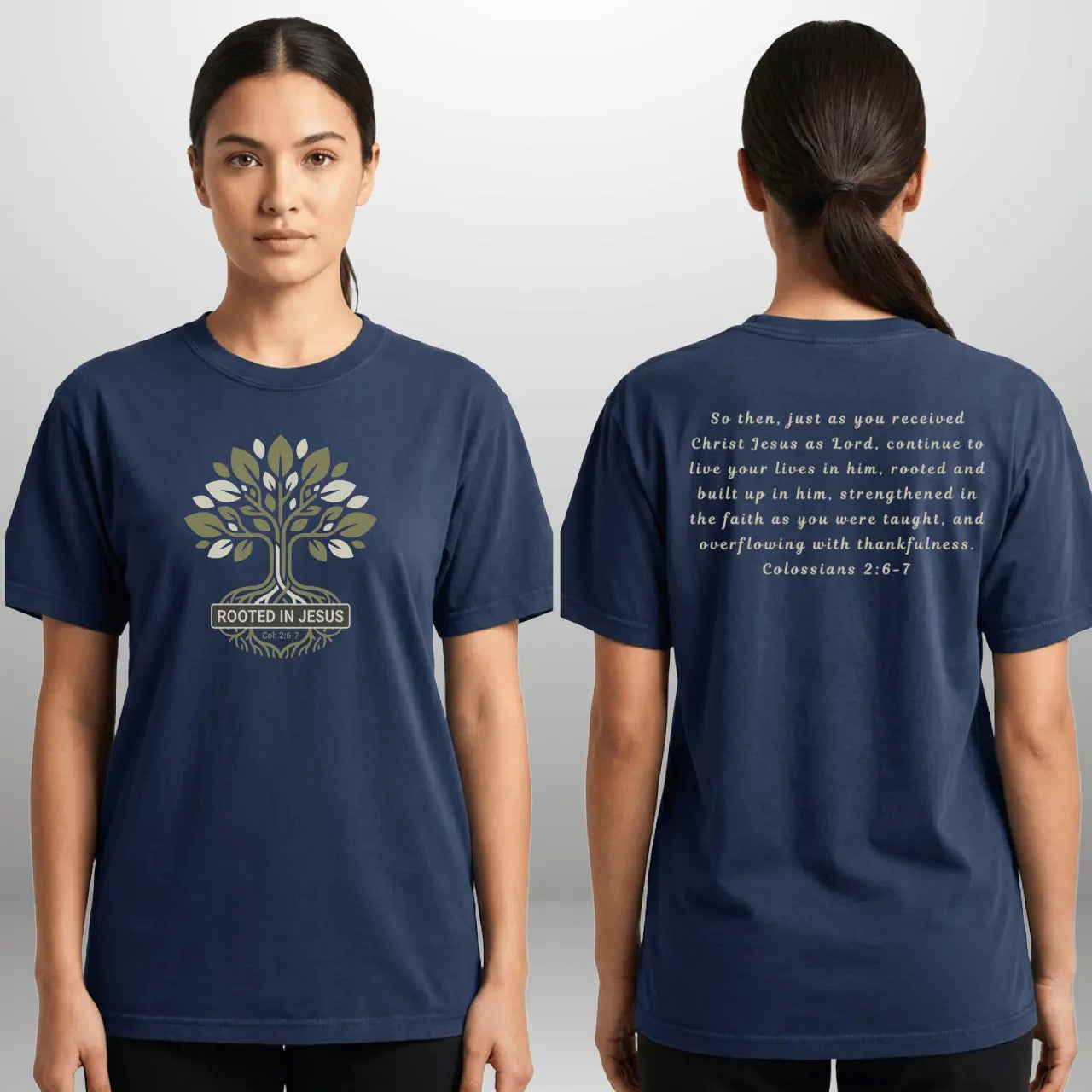Rooted in Jesus T-Shirt | Comfort Colors 1717 | Unisex Faith Tee Front & Back Goshen & Selah Co