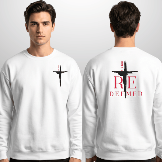 Redeemed Sweatshirt | Romans 6:4 Faith Crewneck | Faith Scripture Front & Back | Adult Unisex Gildan 18000 Sweatshirt