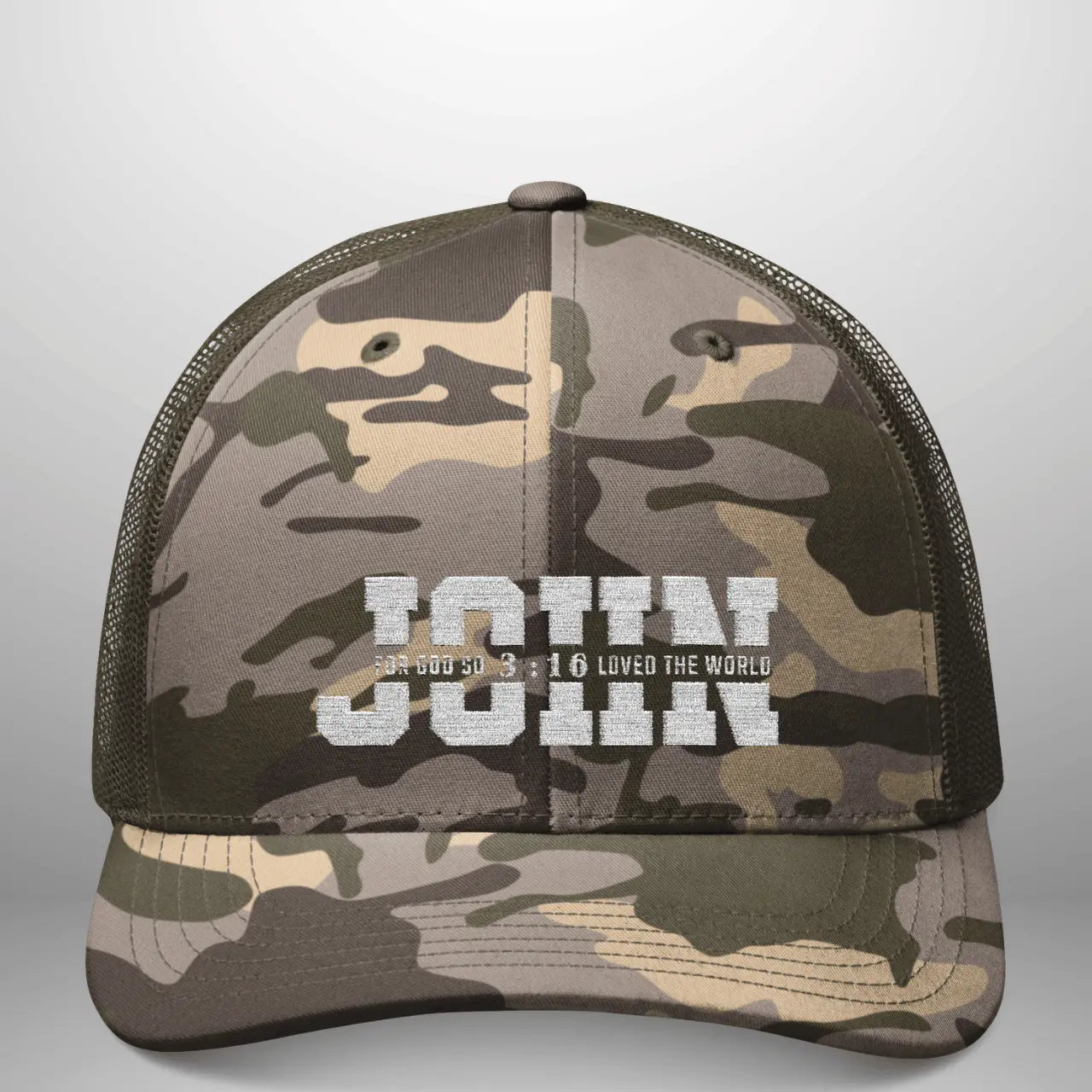JOHN 3:16 “For God So Loved the World” Camo Trucker Hat | Adjustable Snapback Ca Goshen & Selah Co