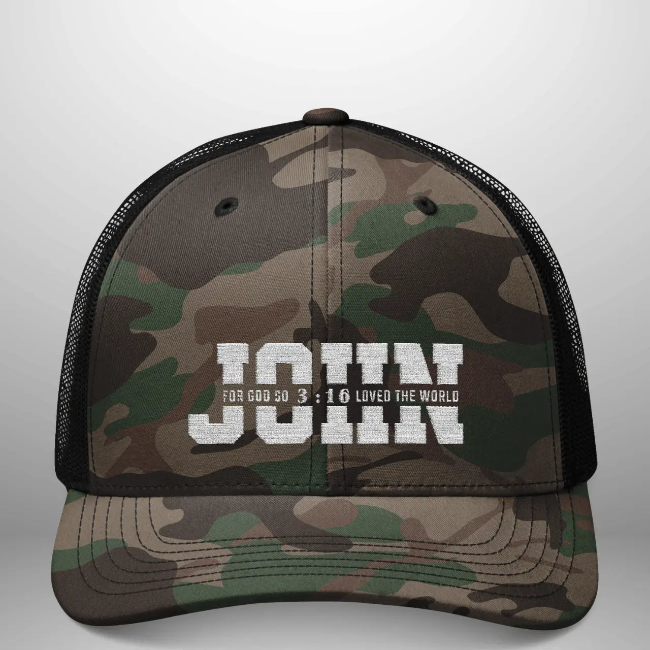 JOHN 3:16 “For God So Loved the World” Camo Trucker Hat | Adjustable Snapback Ca Goshen & Selah Co