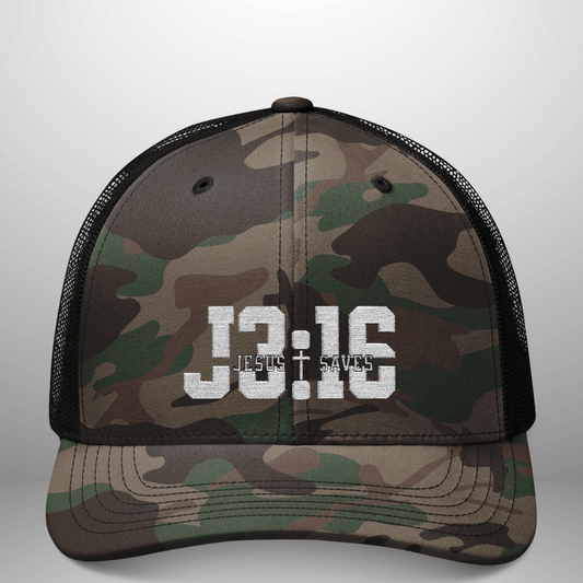 John 3:16 Jesus Saves Camo Trucker Hat | Adjustable Snapback