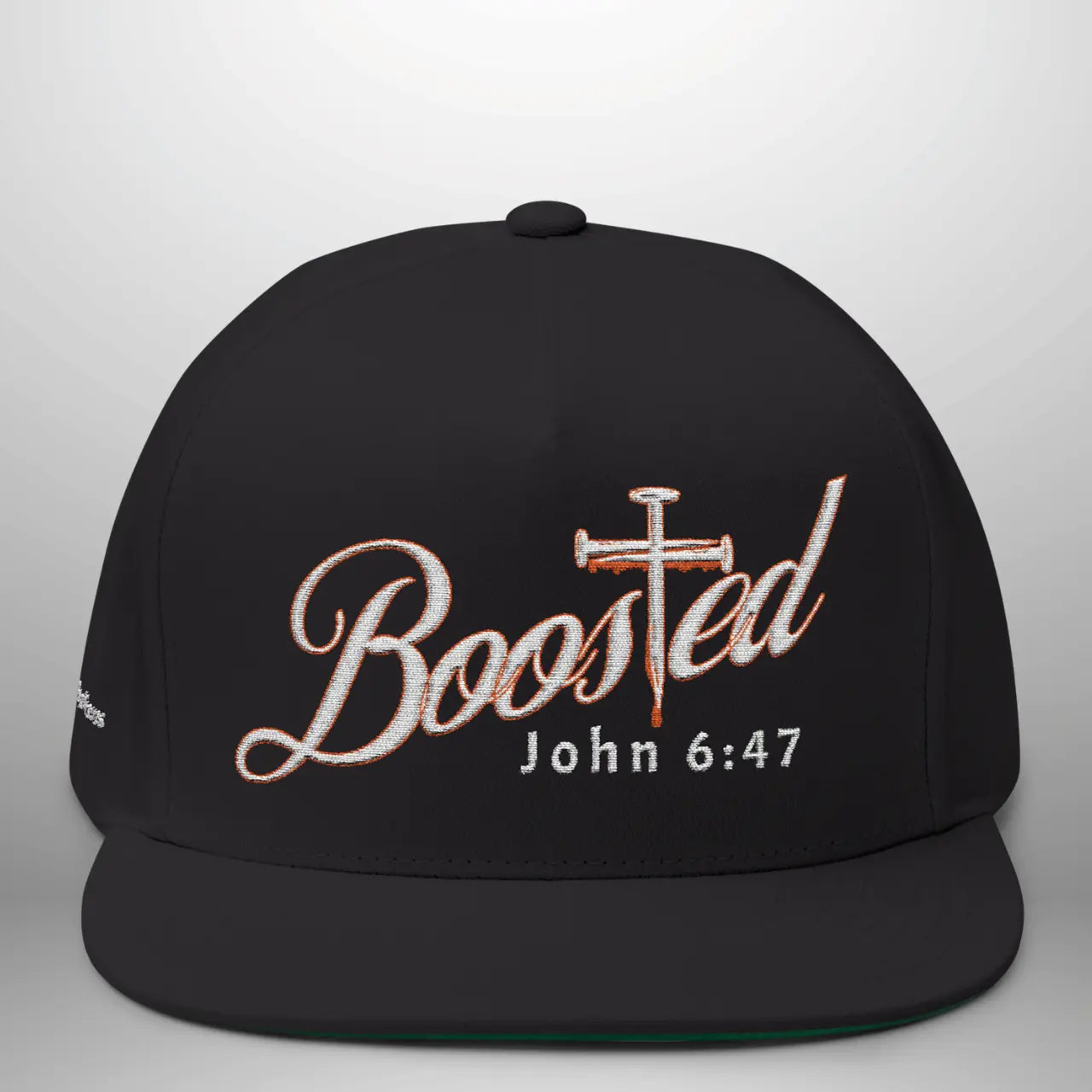 BOOSTED John 6:47 He Who Believes Flat Bill Cap | Faith Snapback Hat Goshen & Selah Co