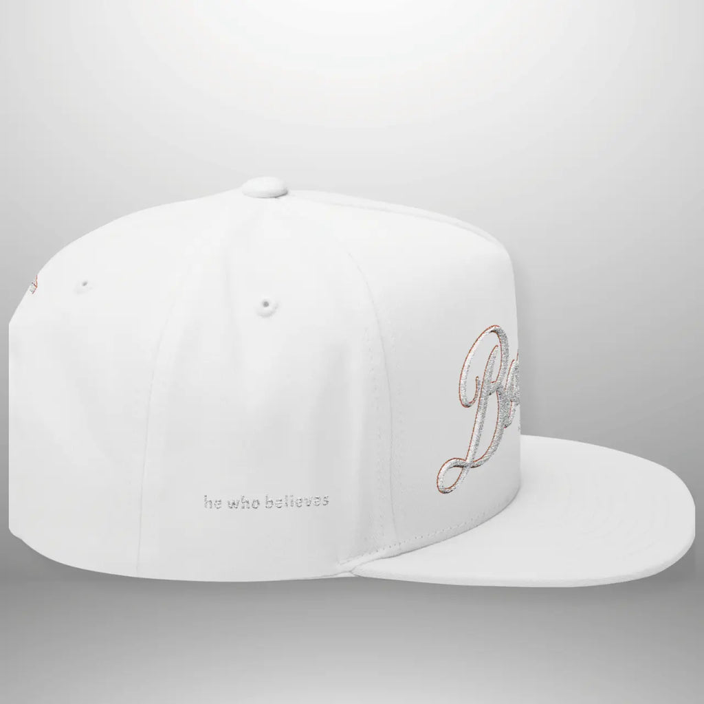 BOOSTED John 6:47 He Who Believes Flat Bill Cap | Faith Snapback Hat Goshen & Selah Co