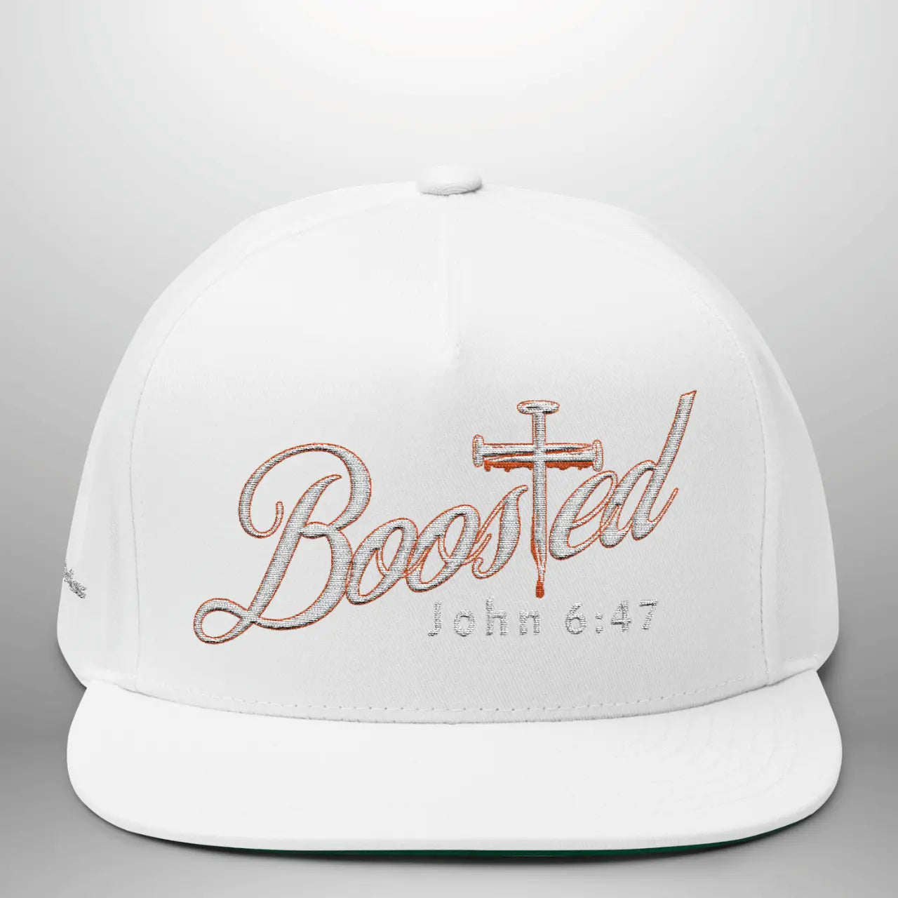 BOOSTED John 6:47 He Who Believes Flat Bill Cap | Faith Snapback Hat Goshen & Selah Co