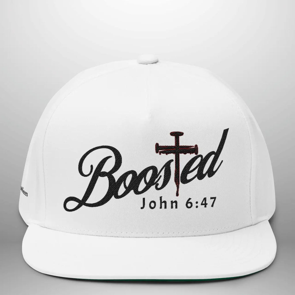 BOOSTED John 6:47 He Who Believes Flat Bill Cap | Faith Snapback Hat Goshen & Selah Co