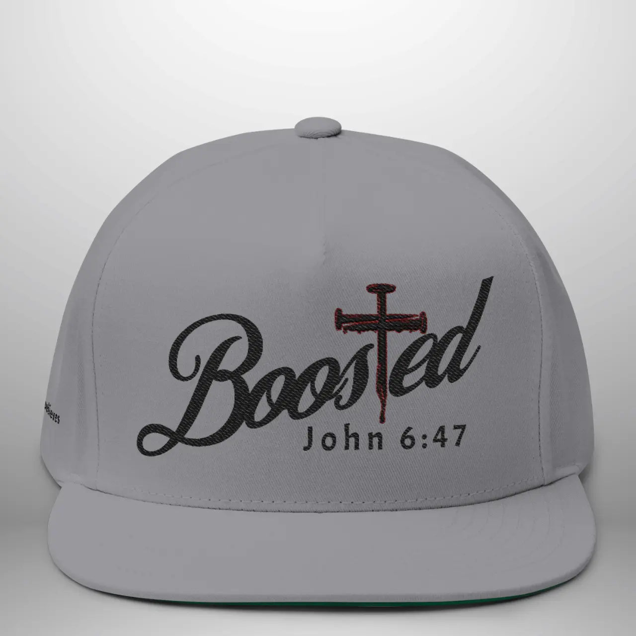 BOOSTED John 6:47 He Who Believes Flat Bill Cap | Faith Snapback Hat Goshen & Selah Co