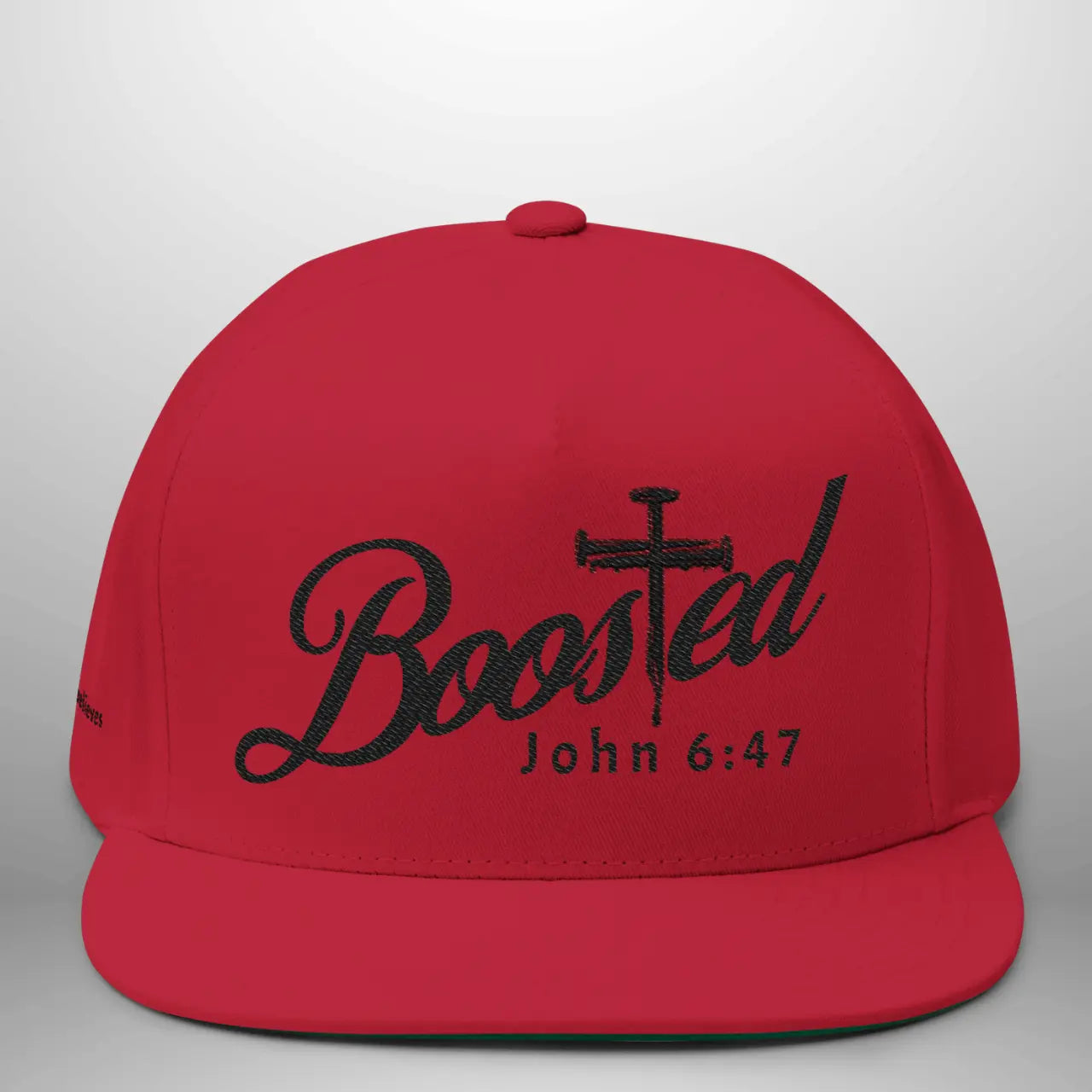 BOOSTED John 6:47 He Who Believes Flat Bill Cap | Faith Snapback Hat Goshen & Selah Co
