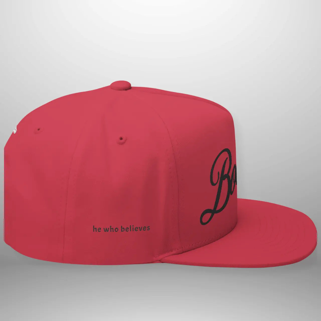 BOOSTED John 6:47 He Who Believes Flat Bill Cap | Faith Snapback Hat Goshen & Selah Co