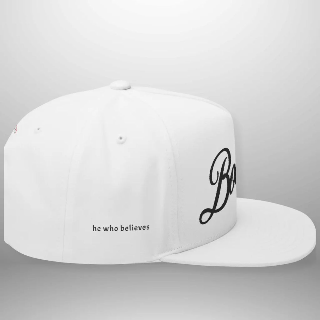 BOOSTED John 6:47 He Who Believes Flat Bill Cap | Faith Snapback Hat Goshen & Selah Co