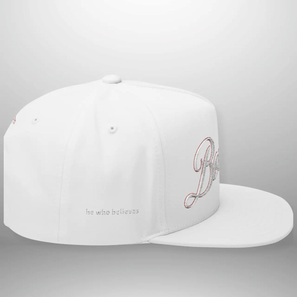 BOOSTED John 6:47 He Who Believes Flat Bill Cap | Faith Snapback Hat Goshen & Selah Co