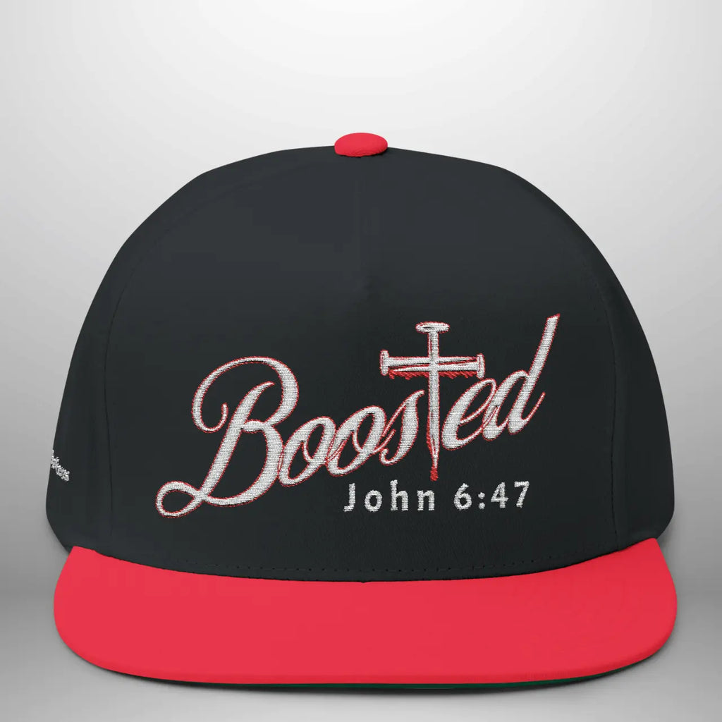 BOOSTED John 6:47 He Who Believes Flat Bill Cap | Faith Snapback Hat Goshen & Selah Co