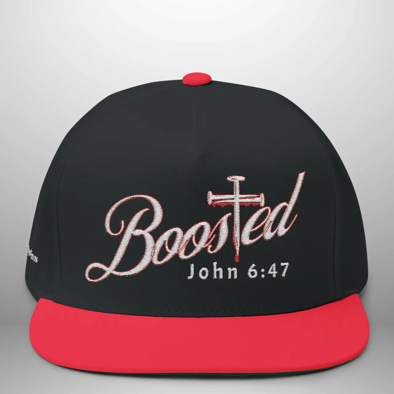 BOOSTED John 6:47 He Who Believes Flat Bill Cap | Faith Snapback Hat Goshen & Selah Co