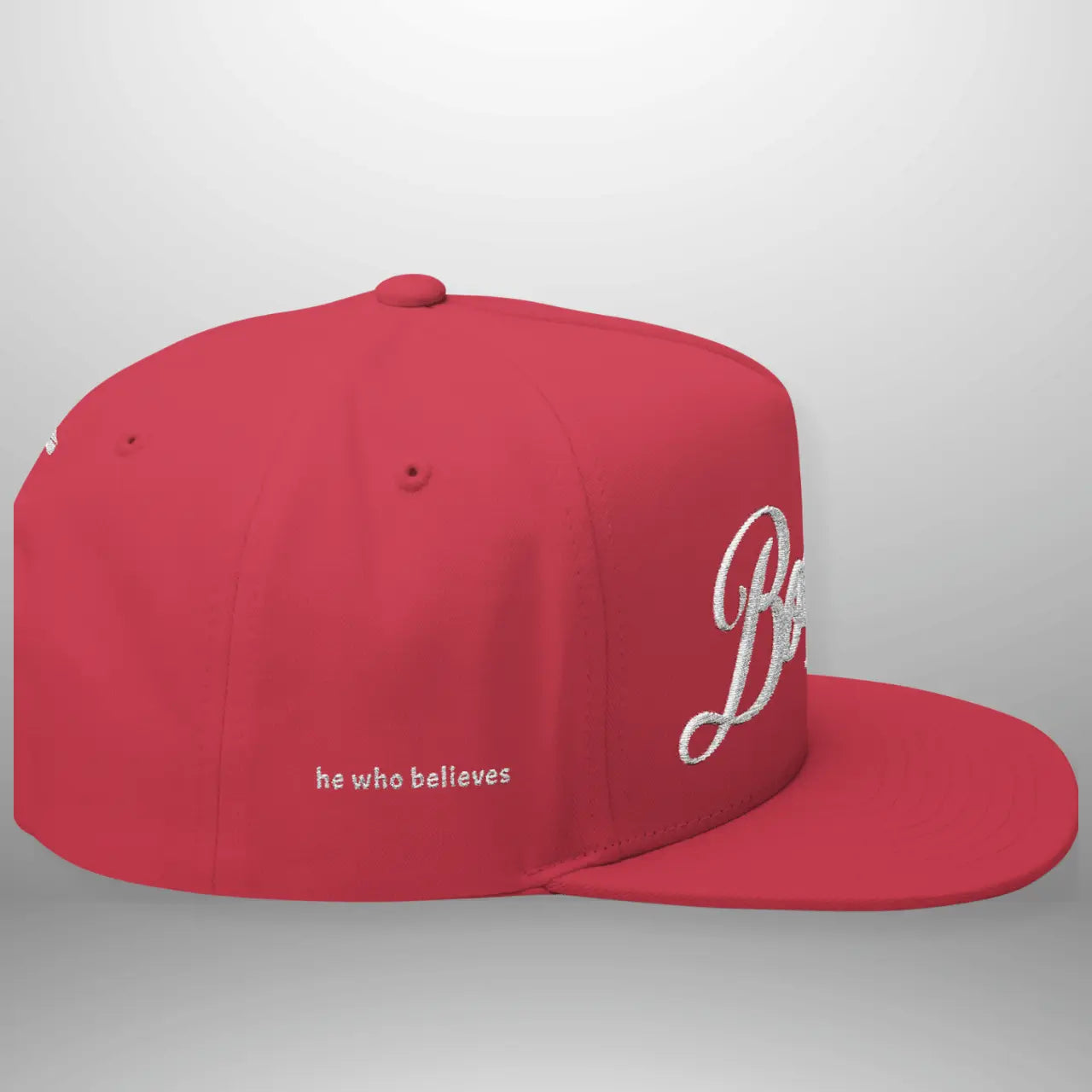 BOOSTED John 6:47 He Who Believes Flat Bill Cap | Faith Snapback Hat Goshen & Selah Co