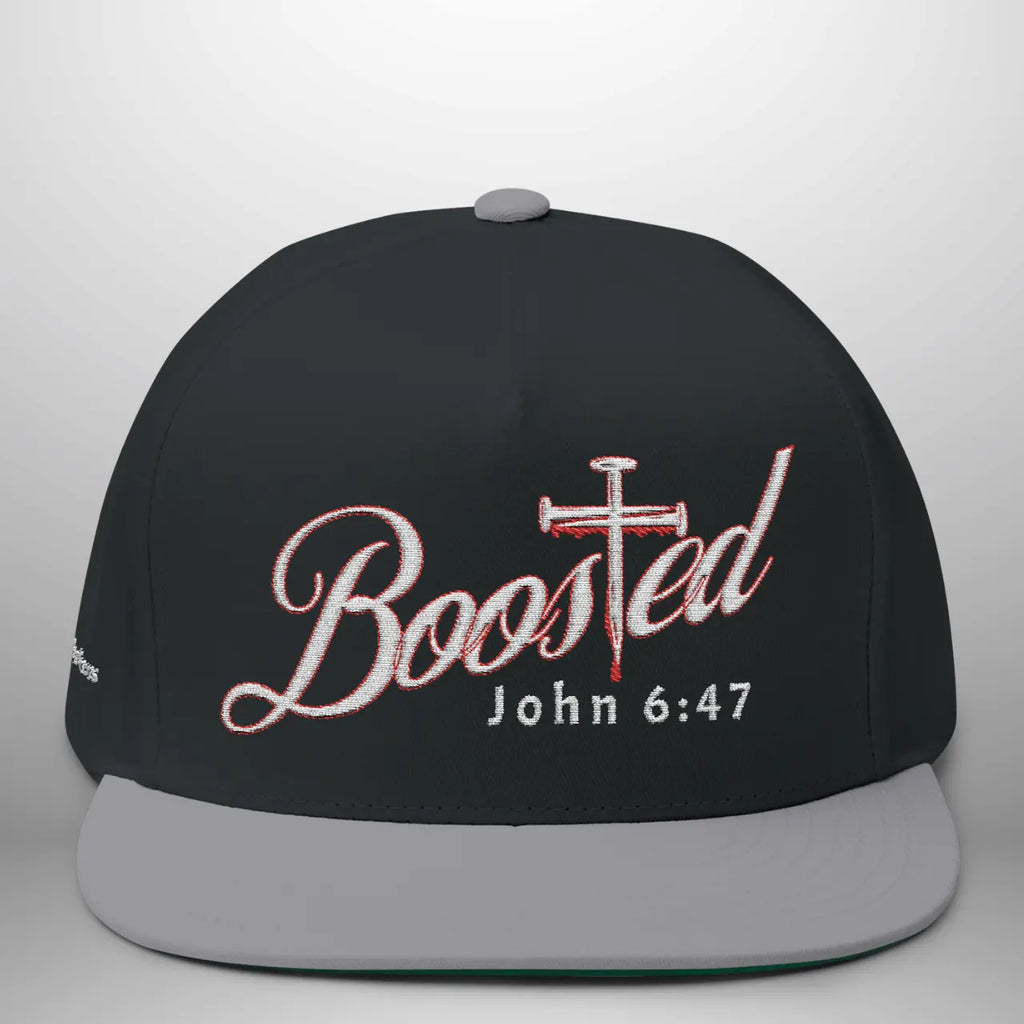 BOOSTED John 6:47 He Who Believes Flat Bill Cap | Faith Snapback Hat Goshen & Selah Co