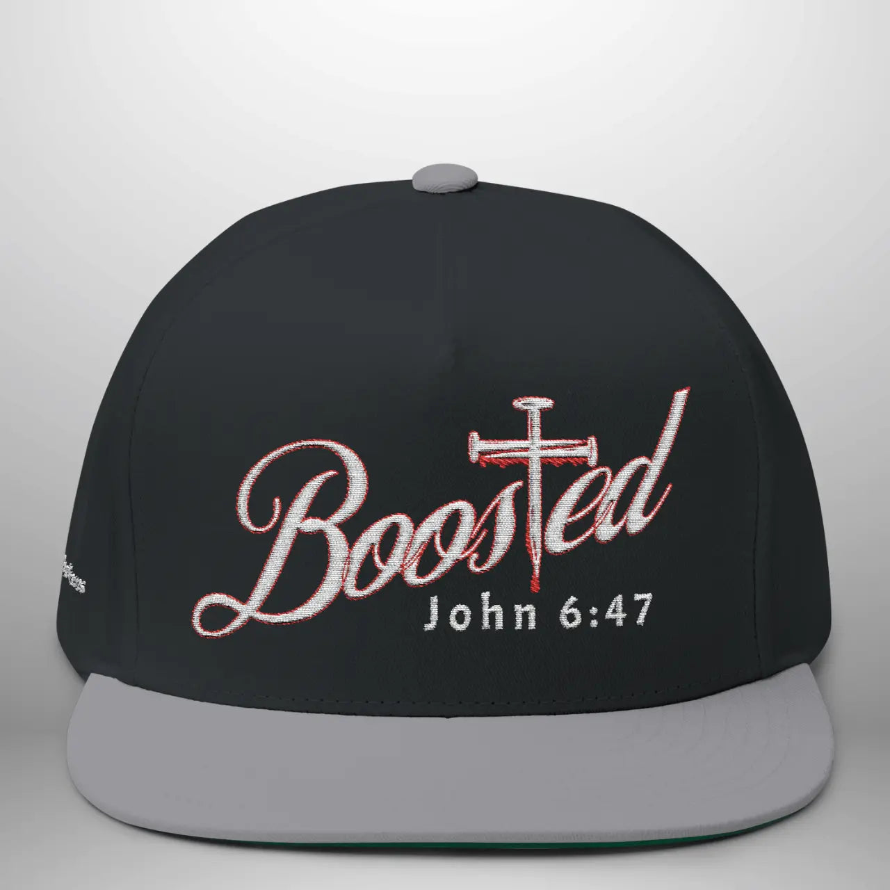 BOOSTED John 6:47 He Who Believes Flat Bill Cap | Faith Snapback Hat Goshen & Selah Co