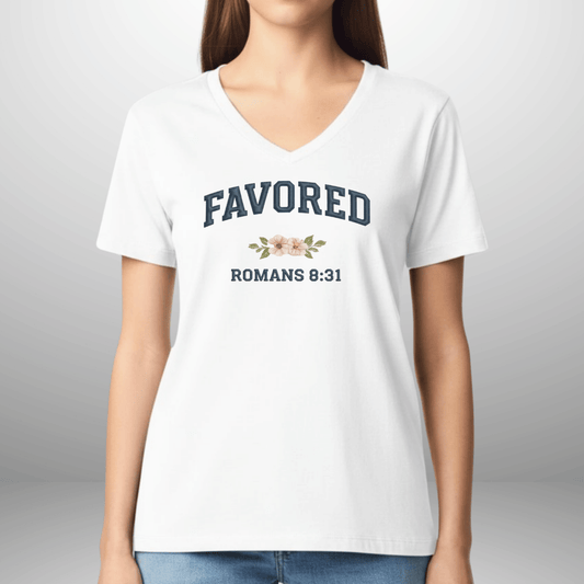 Women’s Favored Romans 8:31 Gildan V-Neck Tee | Flattering Fit